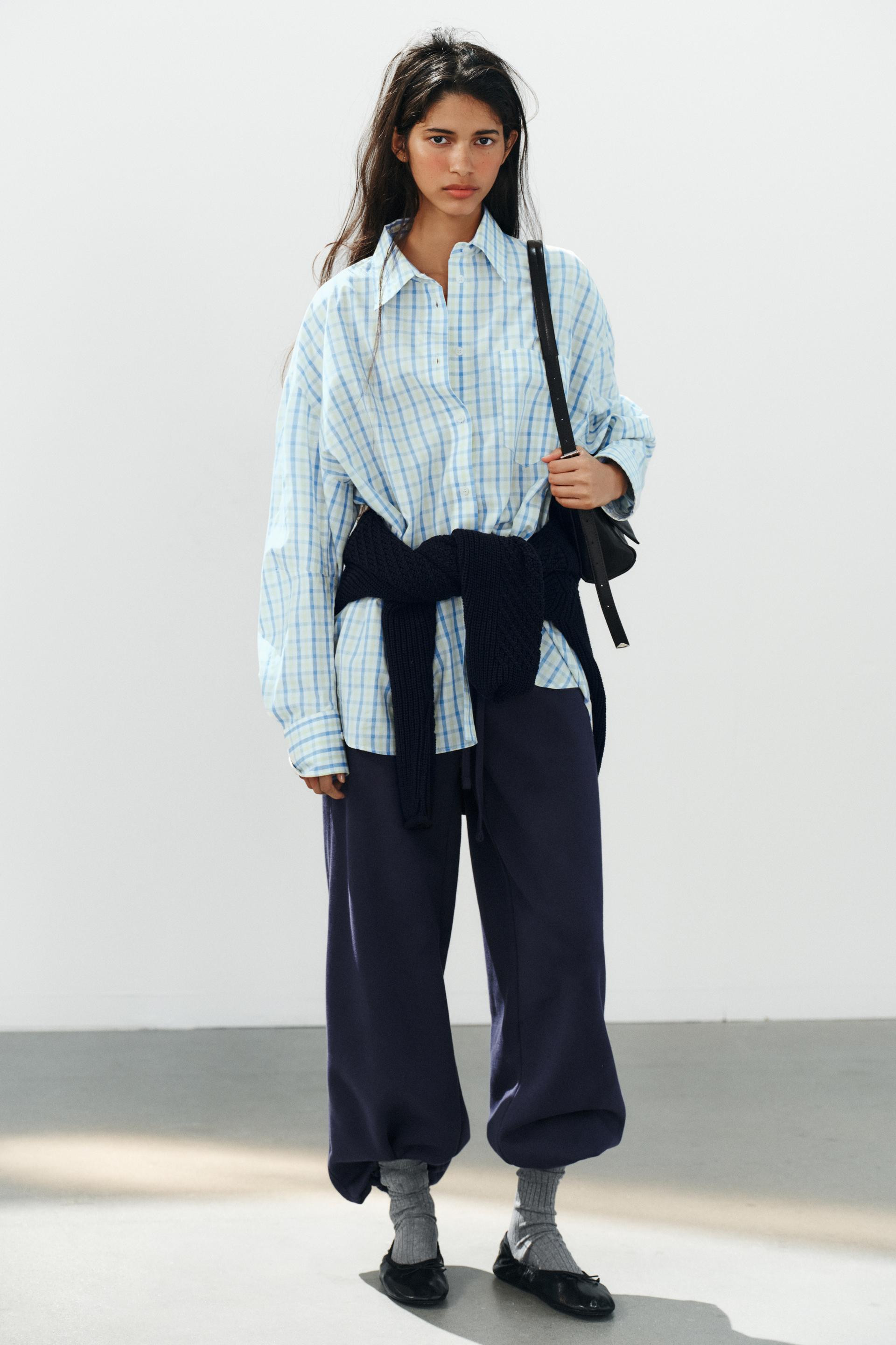 Zara - Oversized Checked Poplin Shirt - White / Green - M - Woman | Zara US