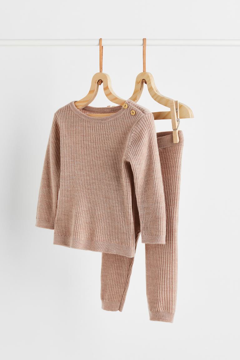 2-piece Merino Wool Set - Powder pink melange - Kids | H&M US | H&M (US + CA)