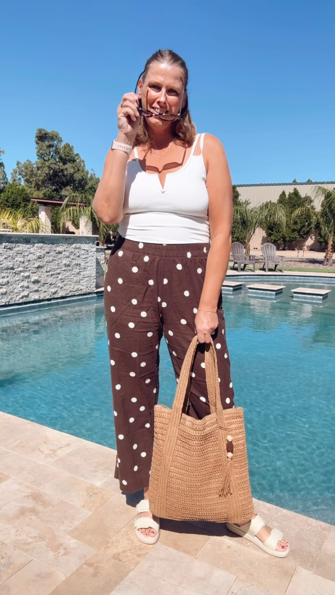 Vacation look with trending polka dots 

Linen pants, white Amazon swimsuit, pool outfit, straw beach bag, Amazon sunglasses, Amazon fashion finds, cruise outfit, resort wear

#LTKOver40 #LTKTravel #LTKSwim