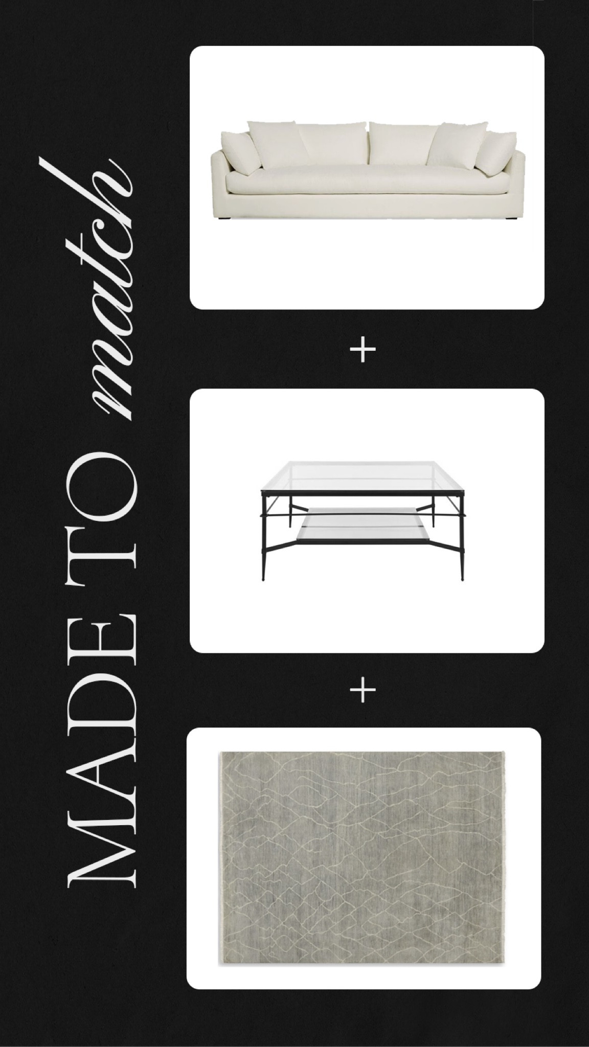 Timeless, transitional, contemporary, modern living room design. Ivory and cream sofa, glass and black metal coffee table, muted dusty green area rug. 