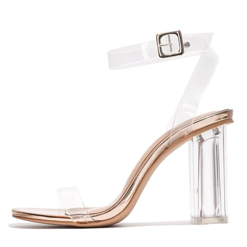 Clear Heels for Women- Stylish Ankle Strap Heels with Adjustable Buckle- Block Nude Heels for Women- 3.5-inch Open Toe Heel Sandals- Clear Heels with Genuine Leather Insole (Maria-2.A) - Rose Gold 11 | Amazon (US)