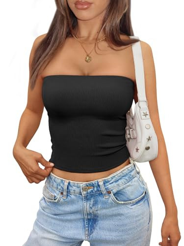 Trendy Queen Tube Tops for Women 2025 Summer Going Out Crop Ribbed Tank Bandeau Sexy Fashion Y2k Spring Sleeveless Bra Black M | Amazon (US)