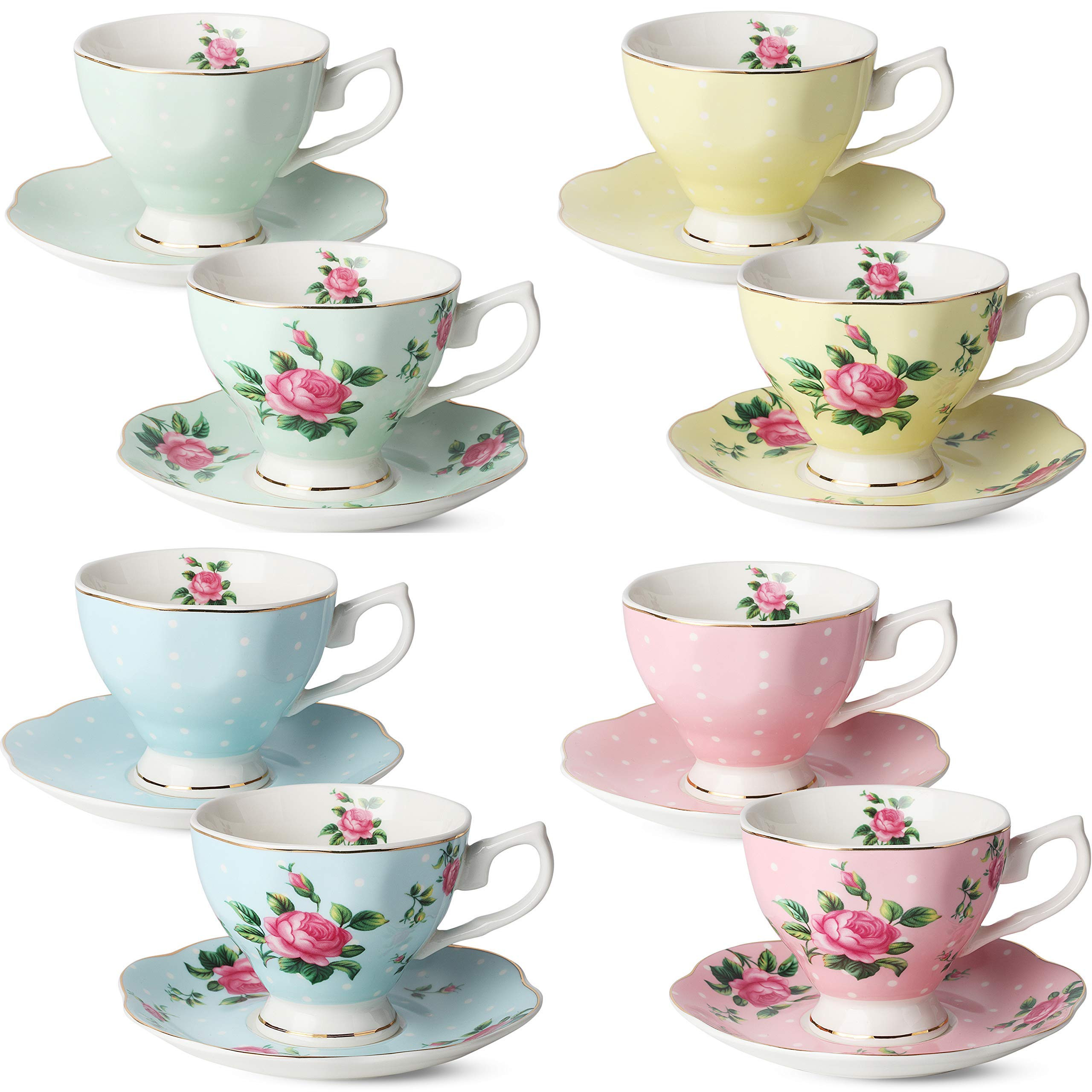 BTaT- Floral Tea Cups and Saucers Set of 8 (8 oz), Porcelain Tea Cup Sets, Assorted Colors with G... | Amazon (US)
