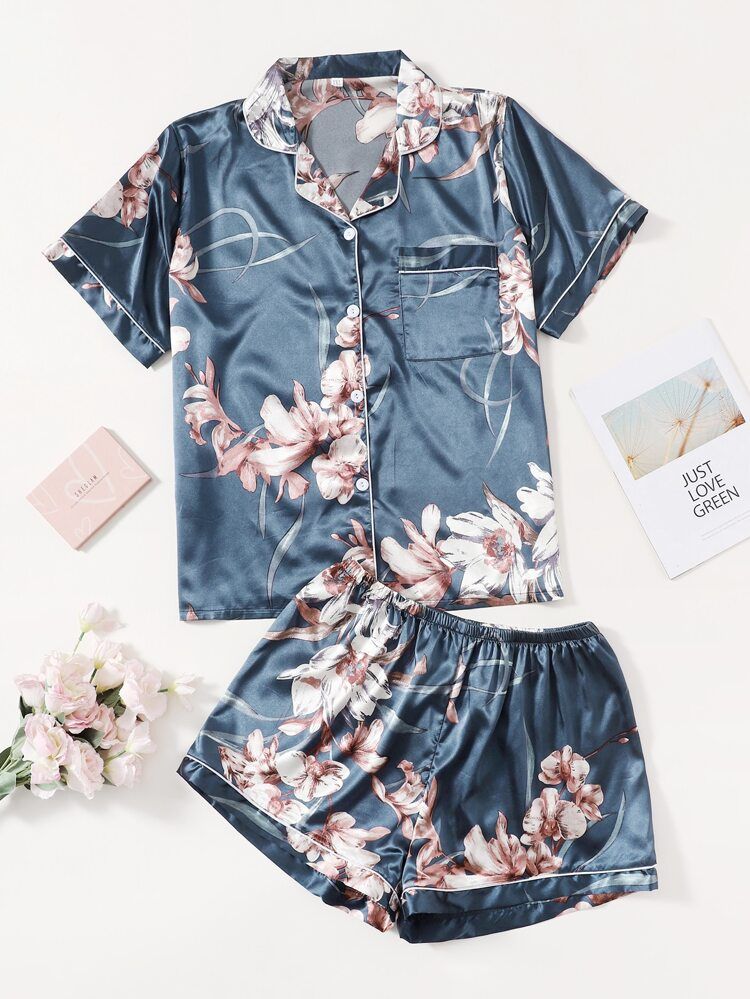 Plus Satin Floral Print Button Front Night Set | SHEIN