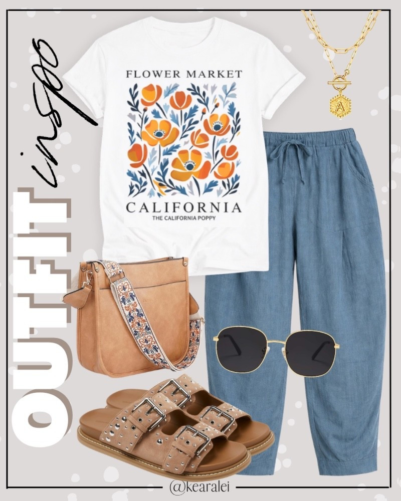Spring outfits 2026 summer outfit cool mom outfit casual outfits Free People inspired outfit looks for less Amazon fashion affordable outfits oversized graphic tees t-shirt poppies flowers tshirt shirt y2k top with blue linen wide leg harem barrel flowy boho pants elastic waist drawstring barrel leg linen pants tan brown suede leather Birkenstocks look for less strappy buckle sandals slides target shoes boho outfit casual mom outfit momiform mom style midsize outfit tan leather crossbody purse with embroidered strap chunky gold jewelry layered necklaces retro aviator sunglasses || #freepeople #boho #amazon #walmart #target #spring #summerr 
.
.
deals sales sale alert Amazon fashion, teacher outfits, business casual, casual outfits, neutrals, street style, Midi skirt, Maxi Dress, Swimsuit, Bikini, Travel, skinny Jeans, Puffer Jackets, Concert Outfits, Cocktail Dresses, Sweater dress, Sweaters, cardigans Fleece Pullovers, hoodies, button-downs, Oversized Sweatshirts, Jeans, High Waisted Leggings, dresses, joggers, fall Fashion, winter fashion, leather jacket, Sherpa jackets, Deals, shacket, Plaid Shirt Jackets, apple watch bands, lounge set, Date Night Outfits, Vacation outfits, Mom jeans, shorts, sunglasses, Disney outfits, Romper, jumpsuit, Airport outfits, biker shorts, Weekender bag, plus size fashion, Stanley cup tumbler, boots booties tall over the knee, ankle boots, Chelsea boots, combat boots, pointed toe, chunky sole, heel, high heels, mules, clogs, sneakers, slip on shoes, Nike, adidas, vans, dr. marten’s, ugg slippers, golden goose, sandals, loafers, Birkenstocks, Steve Madden Target, Abercrombie and fitch