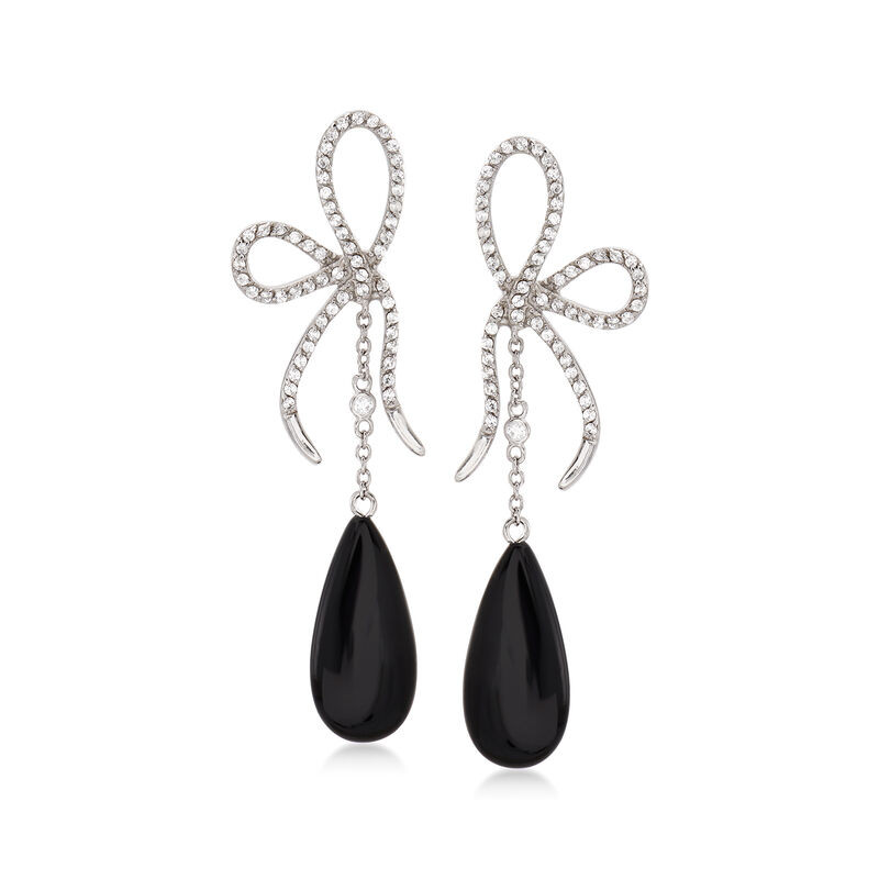 Black Onyx and 1.20 ct. t.w. CZ Bow Drop Earrings in Sterling Silver | Ross-Simons