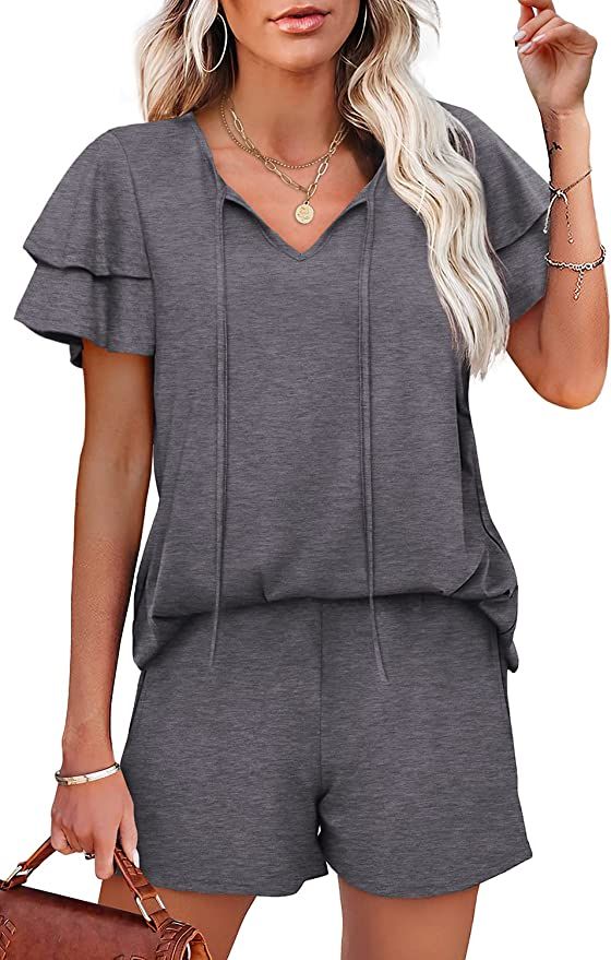WIHOLL Summer Outfits for Women 2 Piece Short Sleeve V Neck Lounge Sets Casual | Amazon (US)