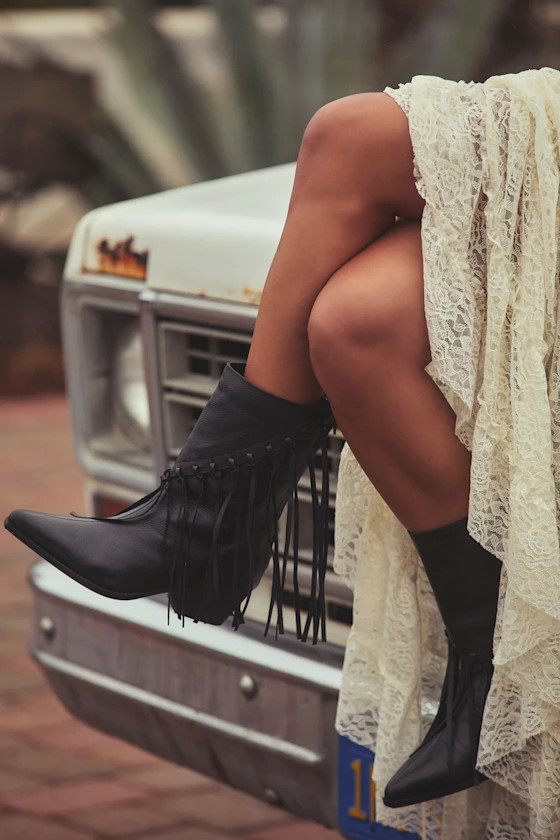 Buck Black Leather Fringe Mid-Calf Western Boots | Lulus