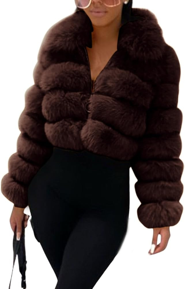 loveimgs Women Fluffy Faux Fur Coat Cropped Jacket Puffer Jacket Zip Up Winter Warm Fuzzy Teddy J... | Amazon (US)