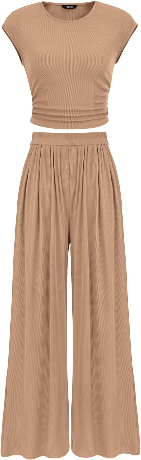 PRETTYGARDEN Women's Summer 2 Piece Outfits 2026 Cap Sleeve Ruched Slim T Shirt Ribbed Knit Wide ... | Amazon (US)