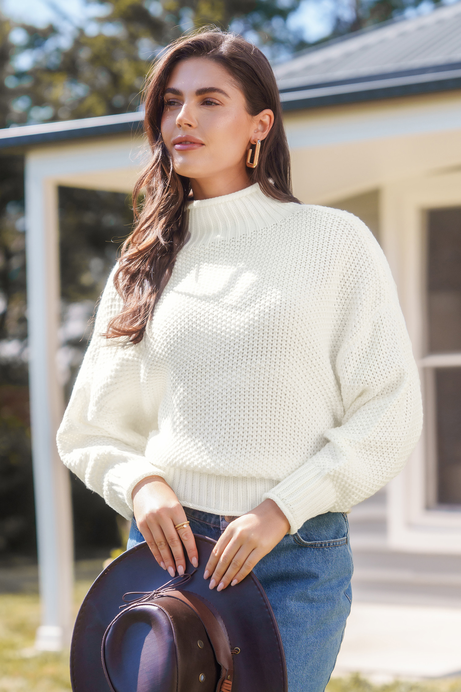 White Long Sleeve Mockneck Sweater - L | Cupshe US