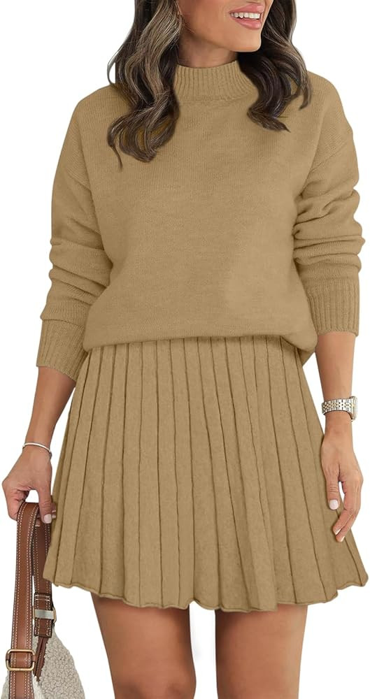 Women's Two Piece Outfits Turtleneck Long Sleeve Ribbed Knit Tops Pleated Mini Skirt 2025 Casual ... | Amazon (US)