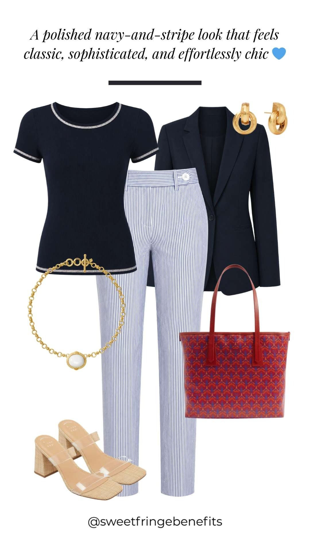 Timeless navy, crisp stripes, and gold accessories. This outfit is the definition of classic sophisticated summer style.🫶🏻 

 #LTKootd #LTKSeasonal #LTKSaleAlert