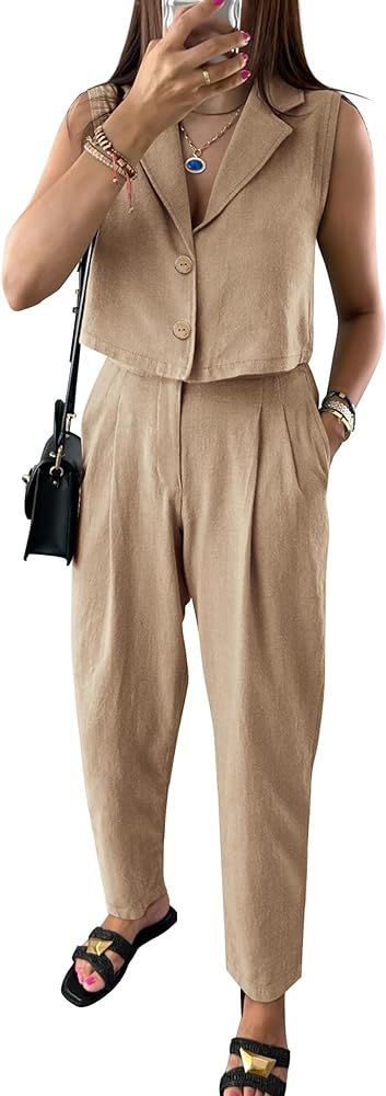 PRETTYGARDEN Women's Summer 2 Piece Blazer Outfit Casual Button V Neck Cropped Vest Tops High Wai... | Amazon (US)