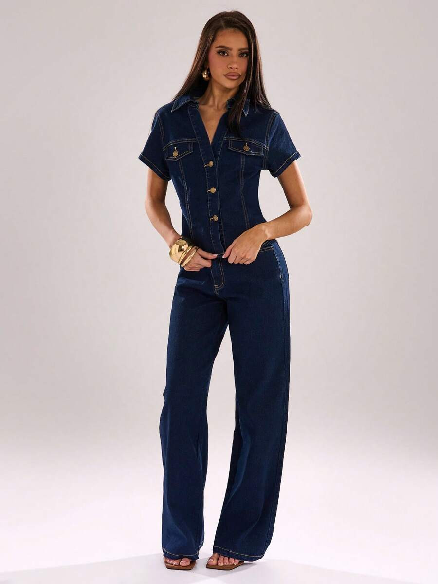 SHEIN BAE 2pcs Navy Blue Denim Outfit,Summer Casual Everyday Single-Breasted Short Sleeve Shirt &... | SHEIN