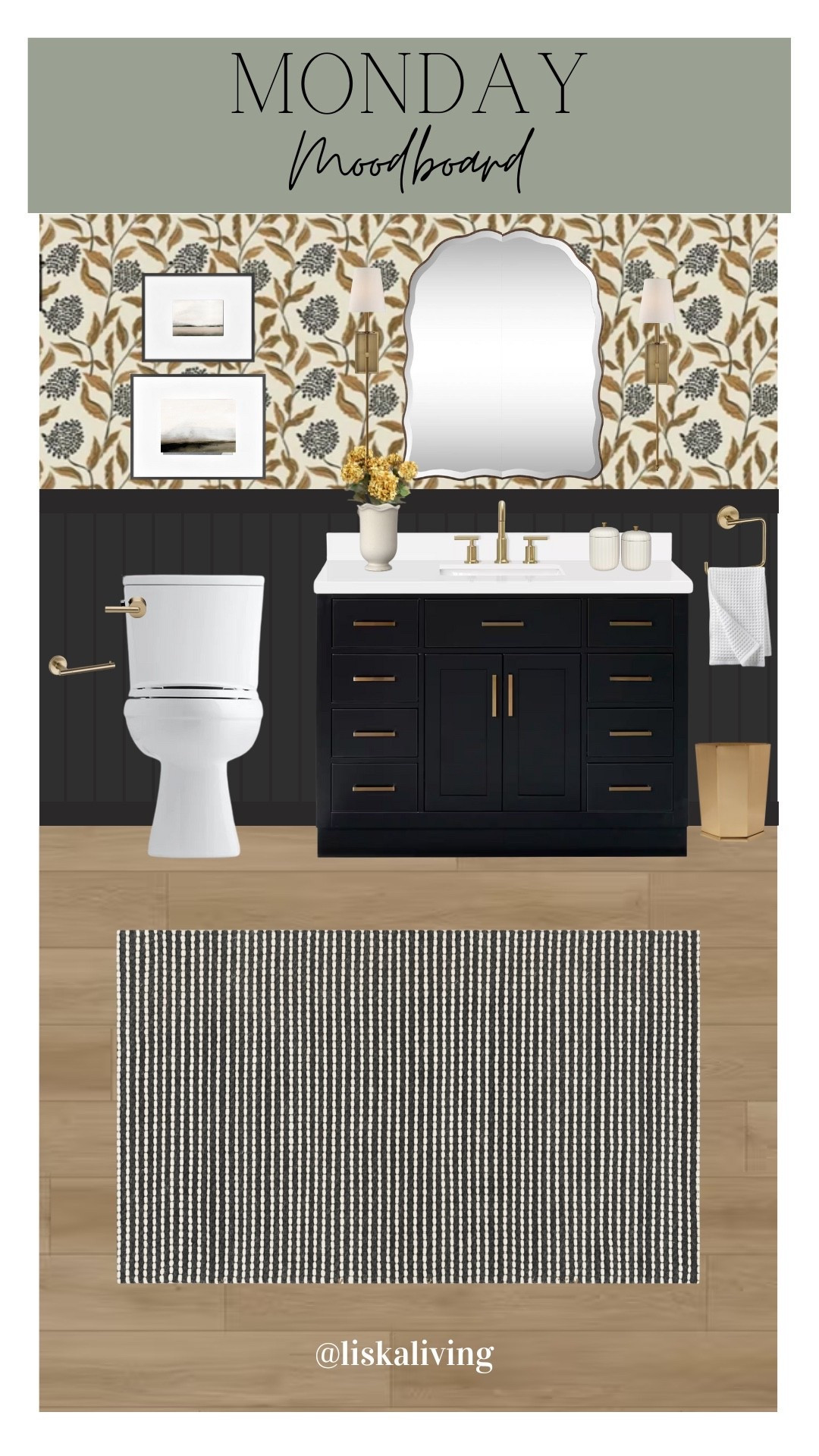 ✨MONDAY MOODBOARD - POWDER BATH✨

It’s been a hot minute since I’ve done one of these it feels like! Between lots of travel and some recent illness it’s just been on the back burner!

I just happened to stumble upon this wallpaper from @wall.blush and I knew it needed a spot on the feed! I love this bold pattern in a powder bath because it makes a big impact, but it has some great neutral colors to it. I paired it with @sherwinwilliams Tricorn Black accent wall and kept the vanity black to keep the wallpaper the focal point of the space. I actually love how the lighting seems to blend in here. While I love a statement light fixture, again, I wanted the wallpaper to be front and center! I kept most of the design elements in a champagne bronze to keep the space feeling warm. 

✨FOLLOW @liskaliving and @oakandolive_designs for more home styling inspo and curated moodboards like this one! Thanks for being here! 🤍

✨SAVE this post for later!

✨Comment MONDAY for links 🔗 

#LTKHome #LTKStyleTip