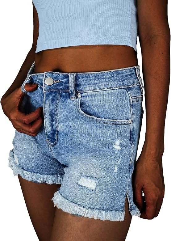 FEELNINE Jean Shorts Women High Waisted Ripped Frayed Raw Hem Summer Denim Shorts | Amazon (US)