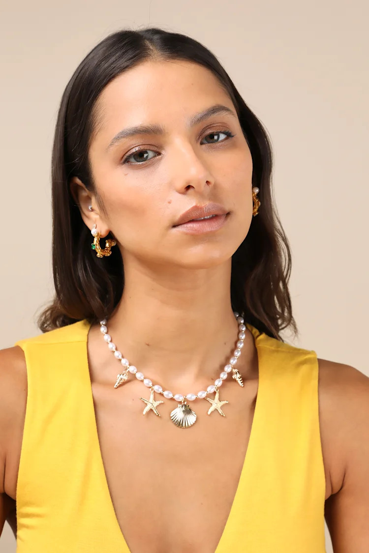 Seaside Shine Gold Pearl Seashell Starfish Charm Necklace | Lulus
