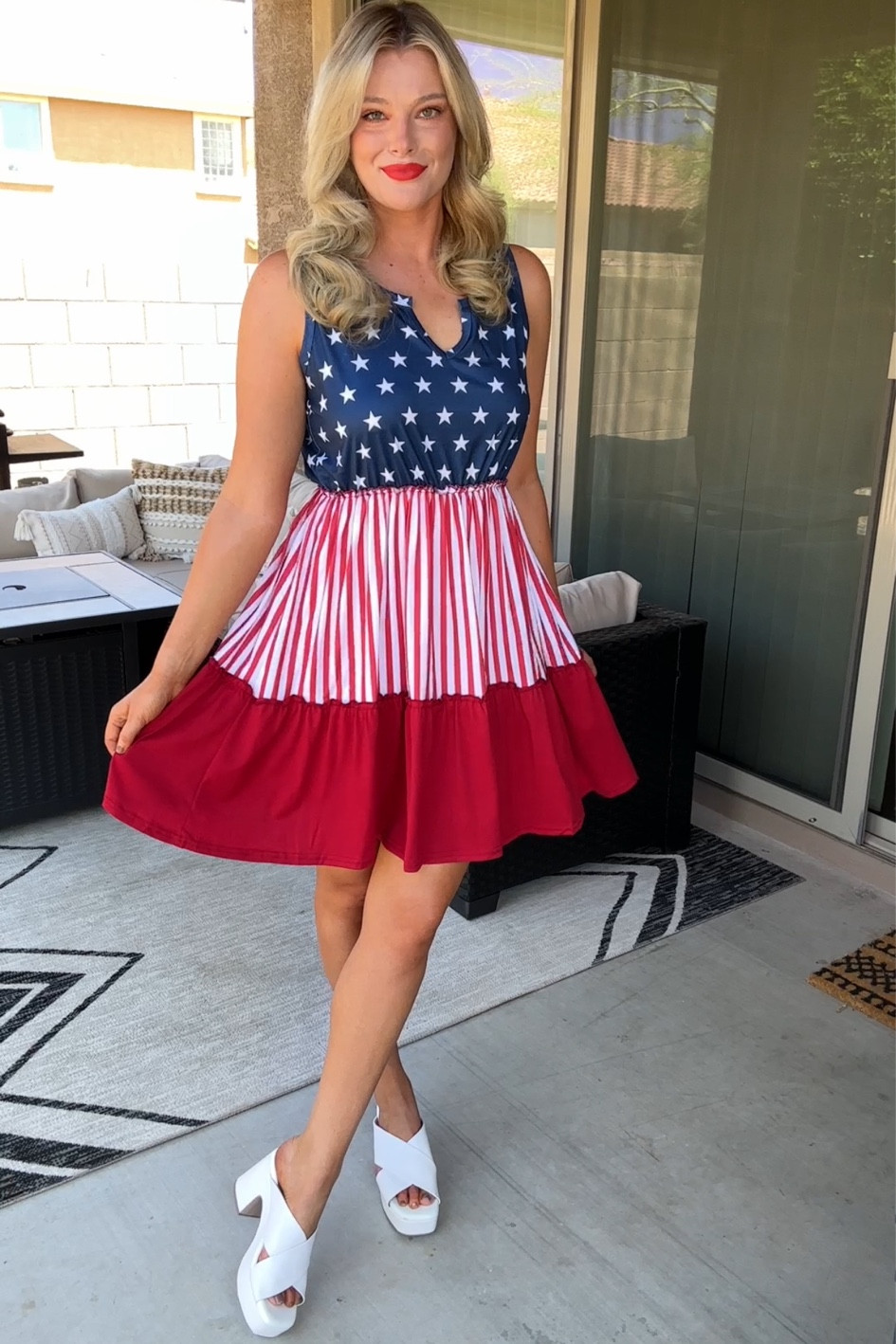 4th of July Outfit. Red, White and Blue Outfit. Patriotic Outfit. Patriotic Dress. American Flag Dress. Stars and Stripes Outfit. Stars and Stripes Outfit. Flowy Dress. Mini Dress. Ruffle Dress. Summer Outfit. Summer Dress  

#LTKSeasonal #LTKFindsUnder50 #LTKFindsUnder100