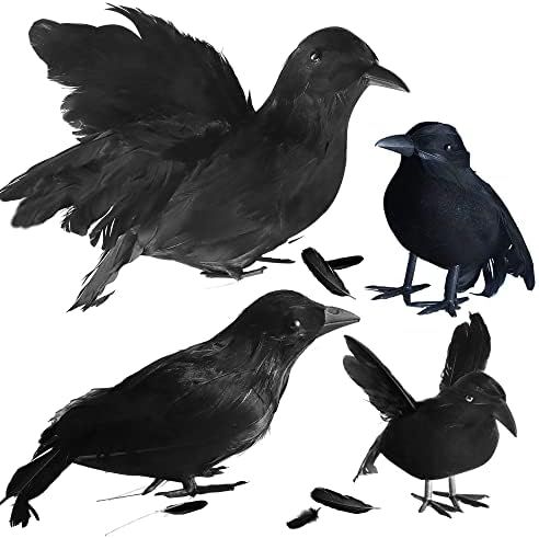 4 Packs Large Real Feathered Halloween Black Crows, Handmade 2 Large Ravens and 2 Middle Black Cr... | Amazon (US)