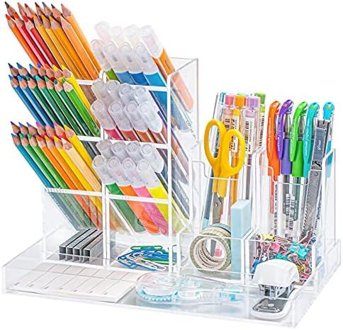 Amazon.com: Clear Pen Organizer for Desk, ROCDEER Acrylic Desk Organizer with Adjustable Pen Mark... | Amazon (US)