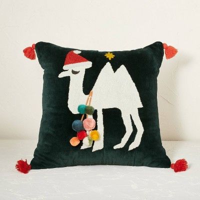 Embroidered Christmas Camel Square Throw Pillow Dark Green - Opalhouse™ designed with Jungalow... | Target