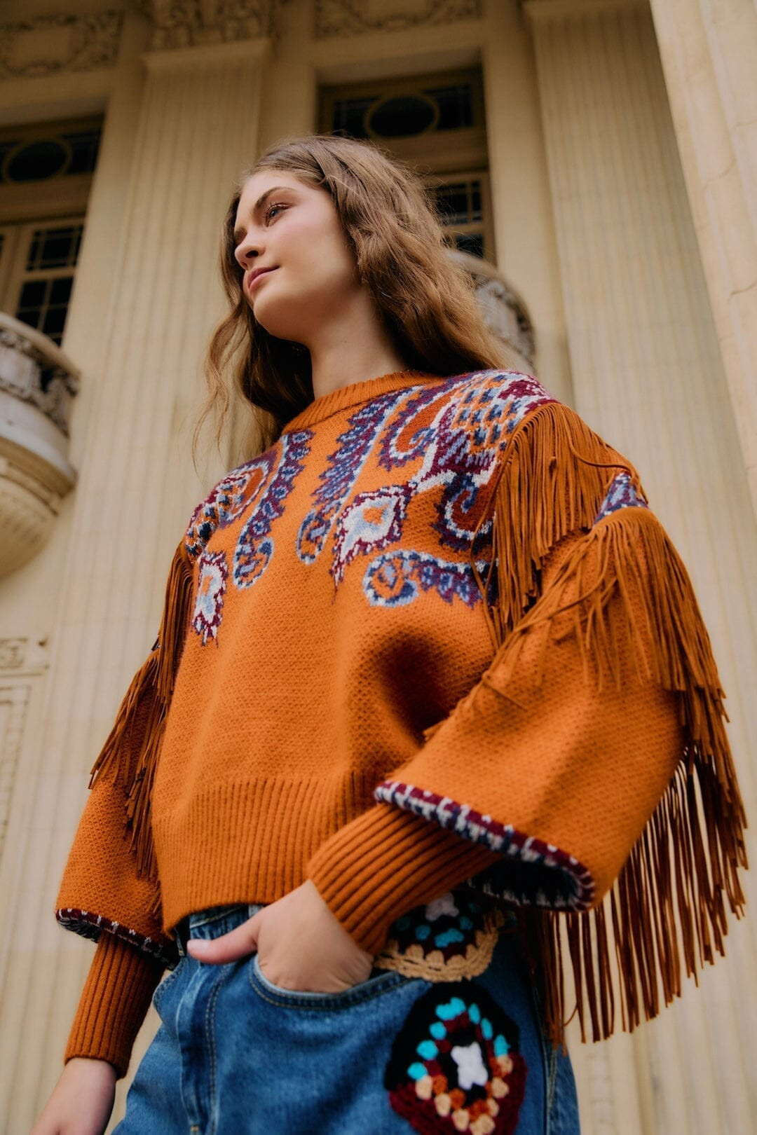 Brown Arabesque Scarf Fringe Cuffed Knit Sweater | FARM Rio | FarmRio (US)