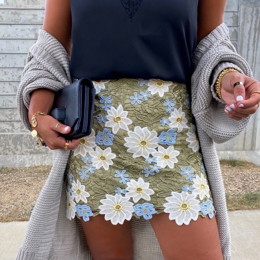 Daisy Floral Applique Mini Skirt use code houseofsequins30 for 30% off