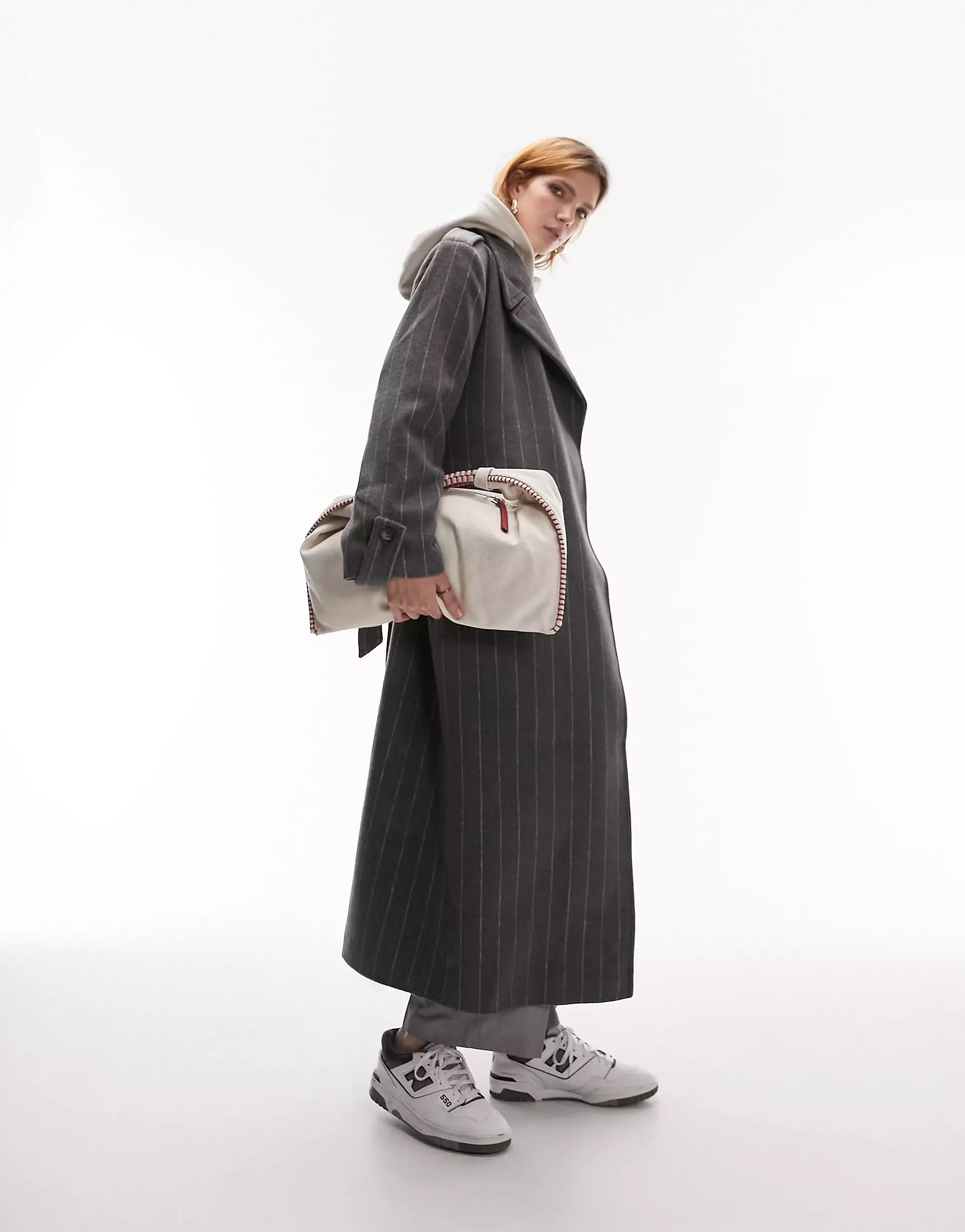 Topshop long-line wool blend coat in gray pinstripe | ASOS (Global)