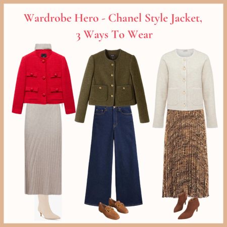 Chanel style jacket outfit ideas. Knit dress, cream boots, wide leg jeans, loafers, snake print skirt, tan heeled boots

#LTKstyletip #LTKover40 #LTKeurope