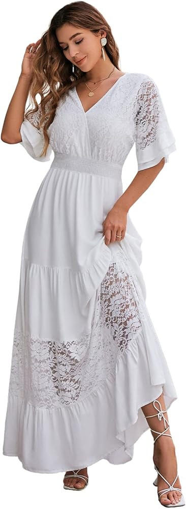 Simplee Women Lace Formal Floral Maxi Dress Ruffle Flowy V Neck Short Sleeve Bride Wedding Guest ... | Amazon (US)