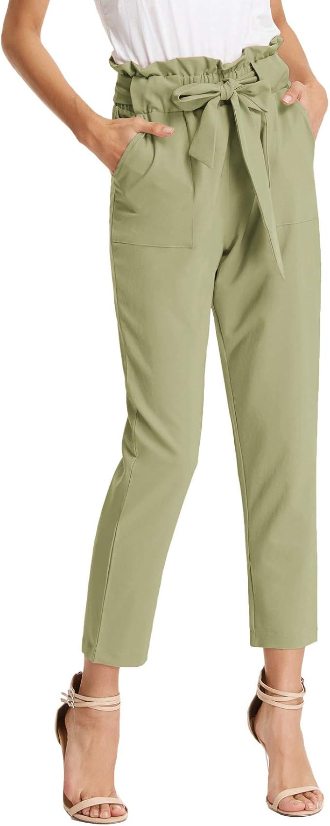 GRACE KARIN Womens Cropped Paper Bag Ruffled Waist Pants with Pockets Light Army Green at Amazon ... | Amazon (US)