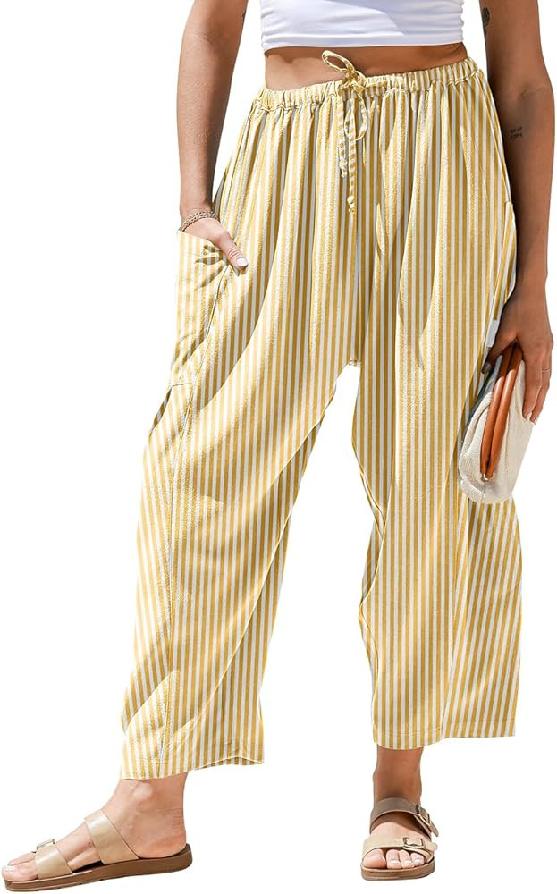 TARSE Womens Wide Leg Striped Plaid Pants Casual Barrel Loose Drawstring Low Waist Palazzo Harem ... | Amazon (US)