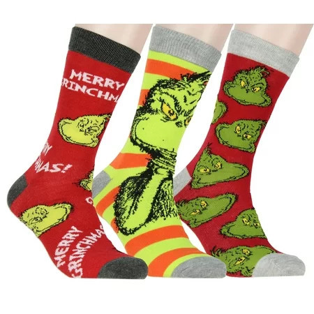 Dr Seuss The Grinch Merry Grinchmas Adult Holiday 3 Pair Crew Socks | Walmart (US)