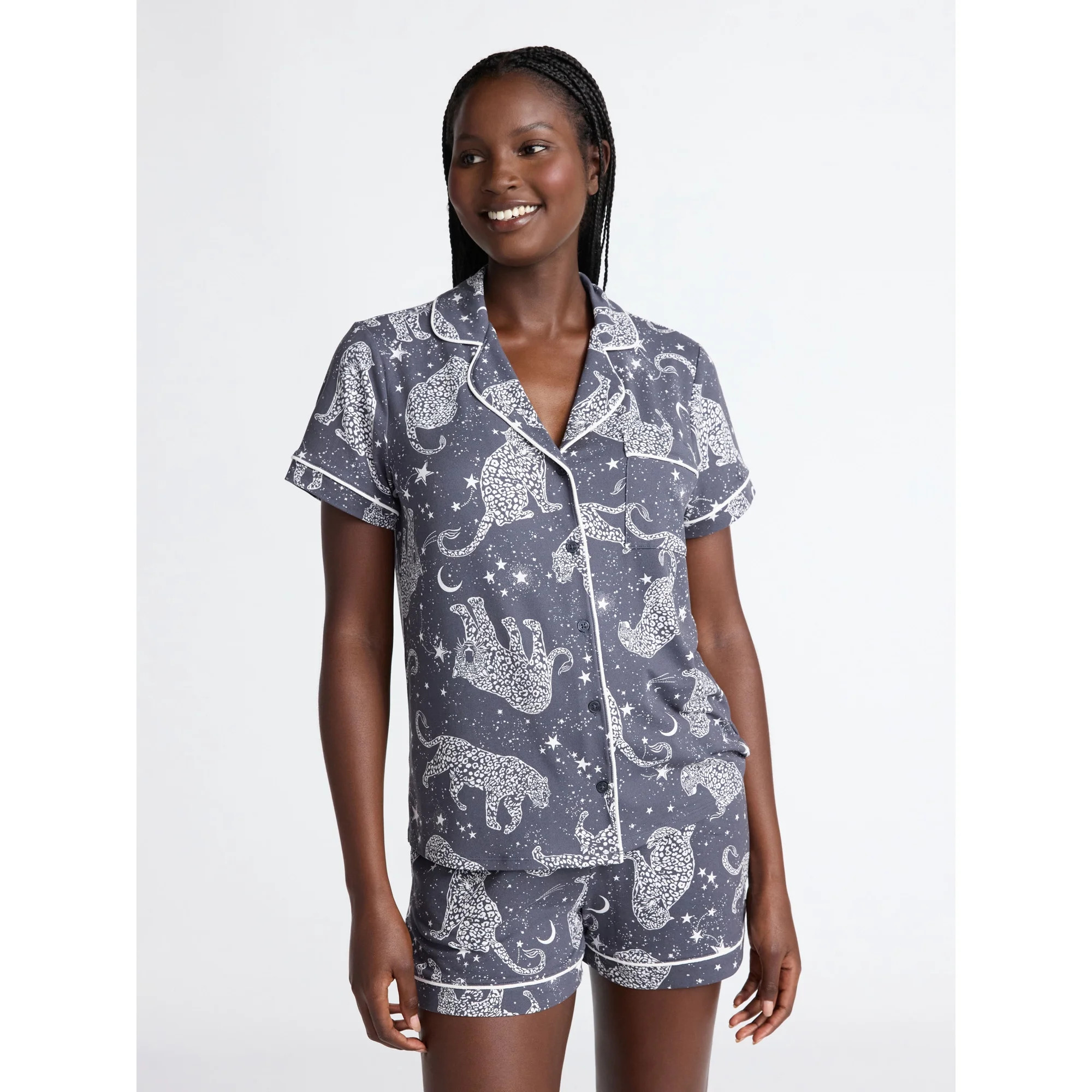 Joyspun Women’s Dreamy Soft Collection Notch Collar Knit Top and Boxer Shorts Pajama Set, Sizes... | Walmart (US)