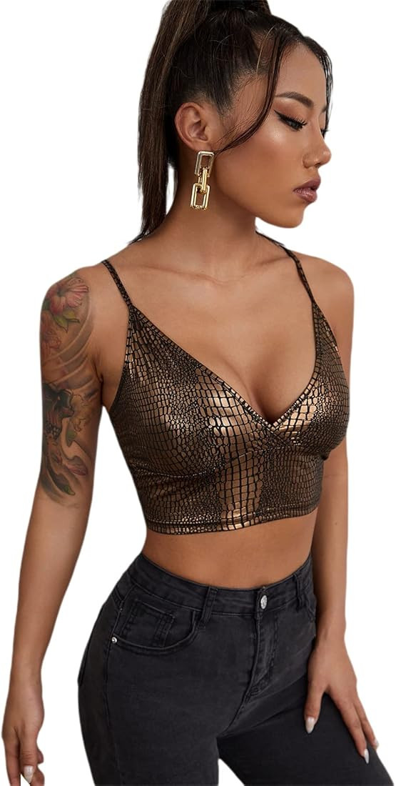 SOLY HUX Women's PU Leather V Neck Spaghetti Strap Cami Crop Top | Amazon (US)