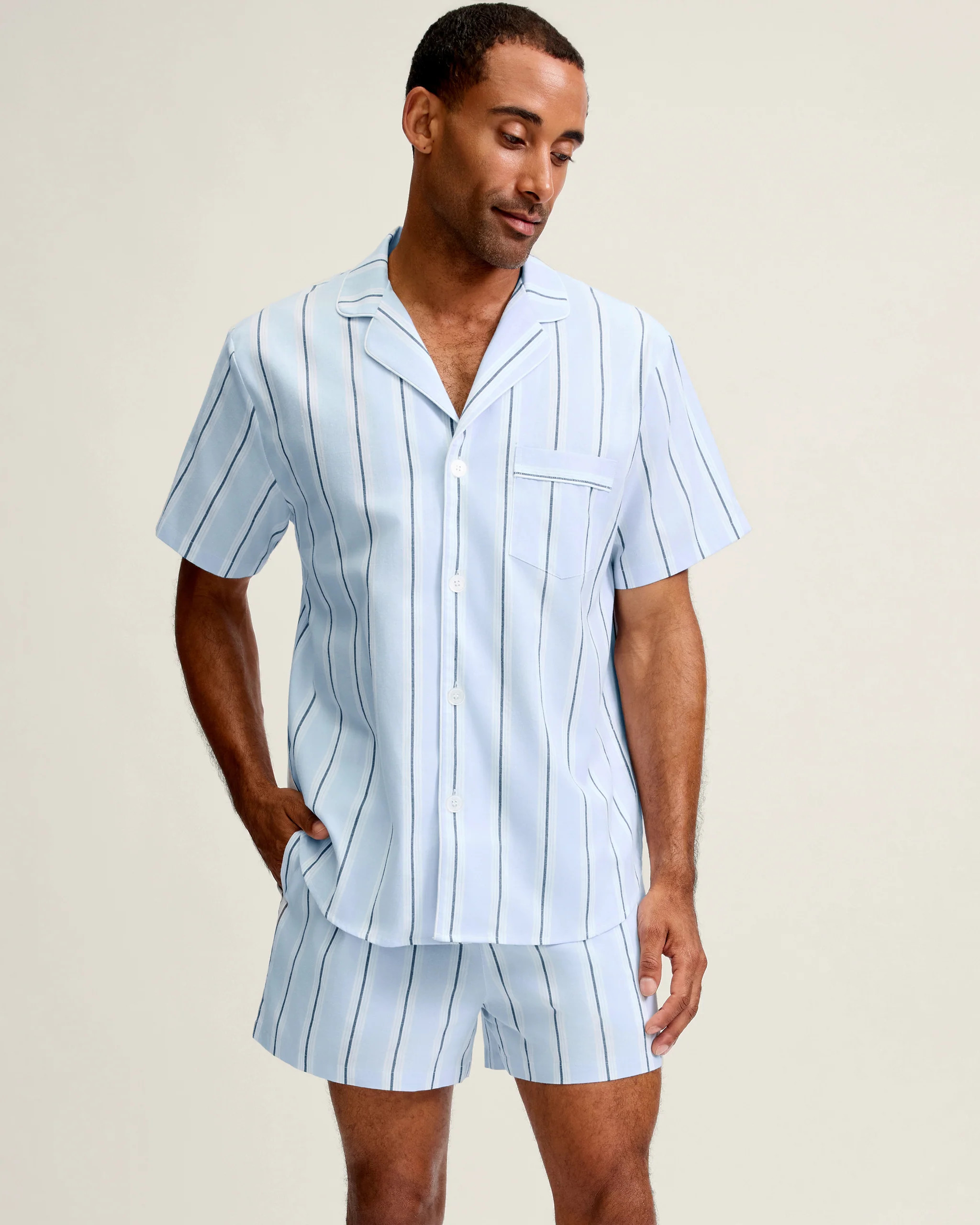 Men's Twill Pajama Short Set in Coastal Stripe | Petite Plume