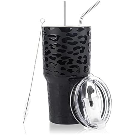 30oz Tumbler Stainless Steel Insulated Travel Mug with Straw Lid Cleaning Brush (Black Leopard) | Amazon (US)