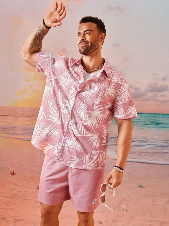 EASEVO Plus Size Men's Loose Casual Woven Short Sleeve Shirt And Shorts Set | SHEIN