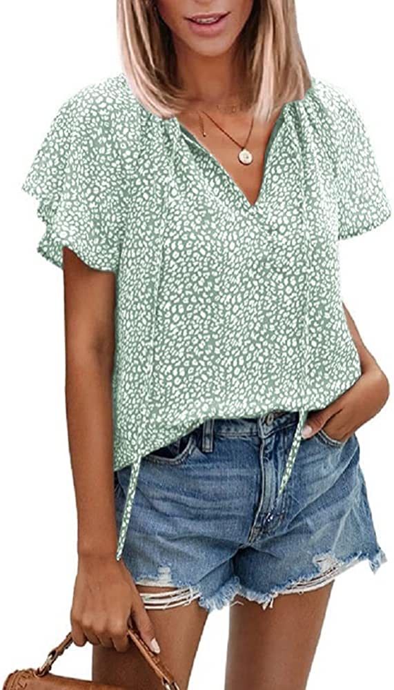 PRETTYGARDEN Women's 2023 Summer Casual Boho Tops Floral Short Sleeve Blouses Loose Ruffle V Neck... | Amazon (US)