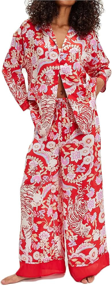 Women Satin Pajama Set Floral Silk Pajamas 2 Piece Lounge Sets Button Down Shirts Wide Leg Pants ... | Amazon (US)