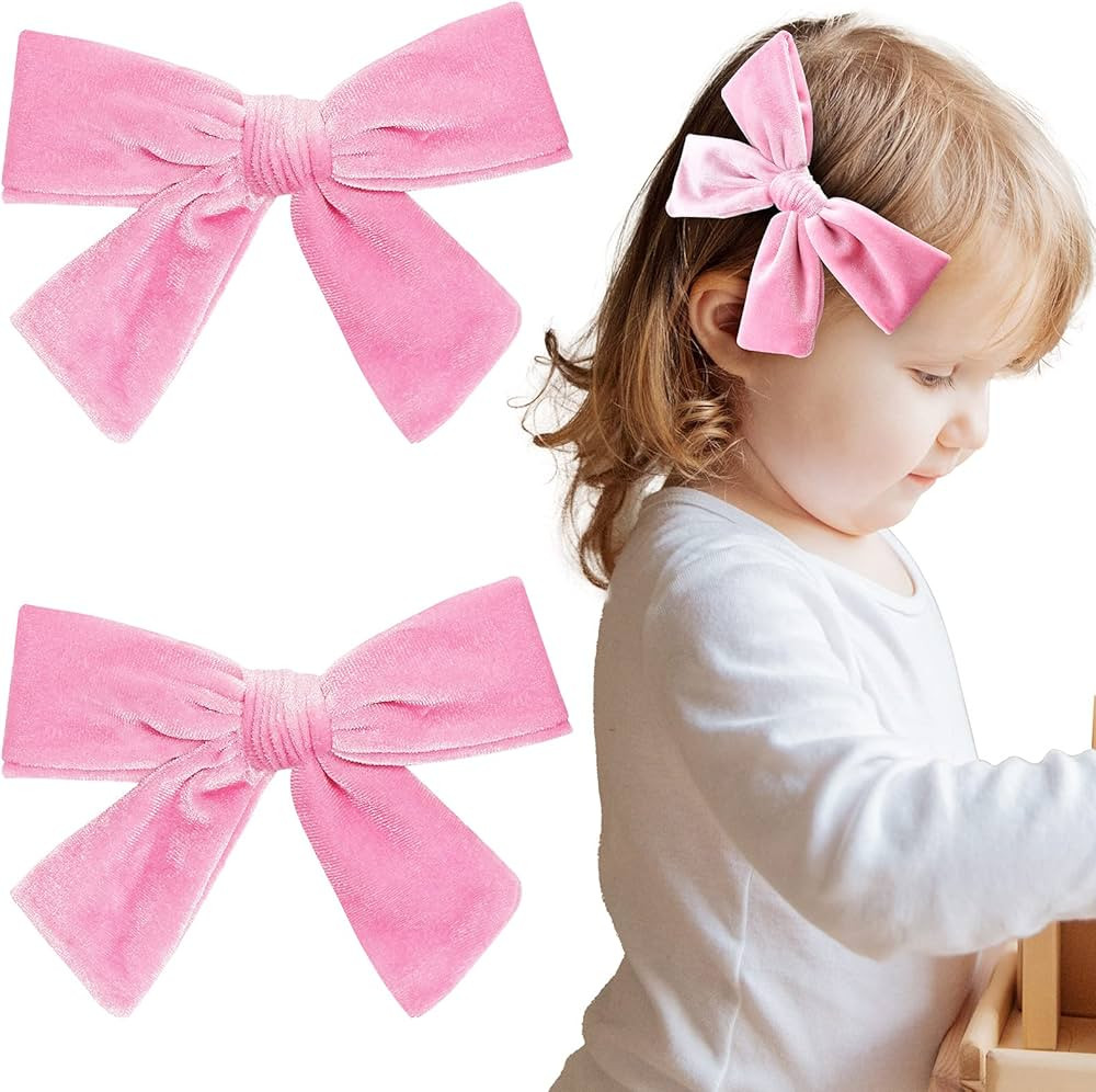 2PCS 5" Pink Velvet Bows Big Hair Bows Toddler Hair Clips Hair Accessories For Little Girl Pigtai... | Amazon (US)