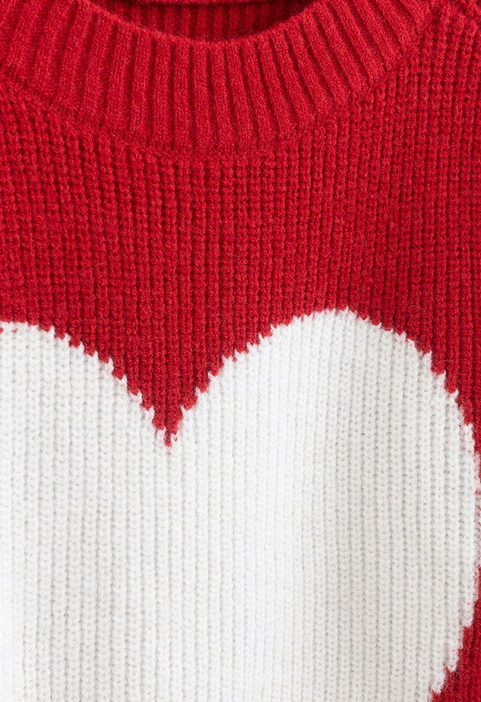 One Heart Rib Knit Oversized Sweater in Red | Chicwish