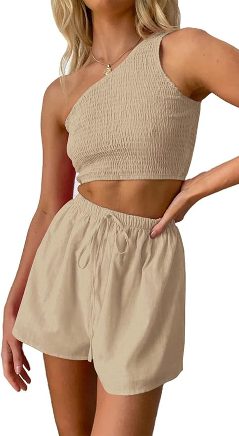 PRETTYGARDEN Women's 2 Piece Summer Outfits Casual One Shoulder Crop Top and High Waisted Shorts ... | Amazon (US)