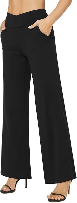 Womens Wide Leg Pants Yoga Dress Pants with Pockets Petite/Regular/Tall Cross Capri Pants for Casual | Amazon (US)