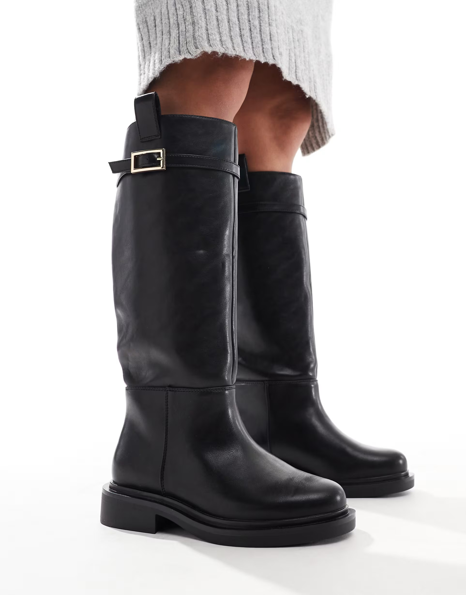ASOS DESIGN Wide Fit Callie smart flat riding knee boots in black | ASOS (Global)