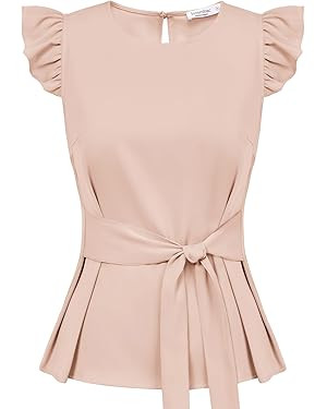 JASAMBAC Women Ruffle Sleeve Tops Summer Tie Waist Crew Neck Elegant Blouse Dressy Casual Busines... | Amazon (US)
