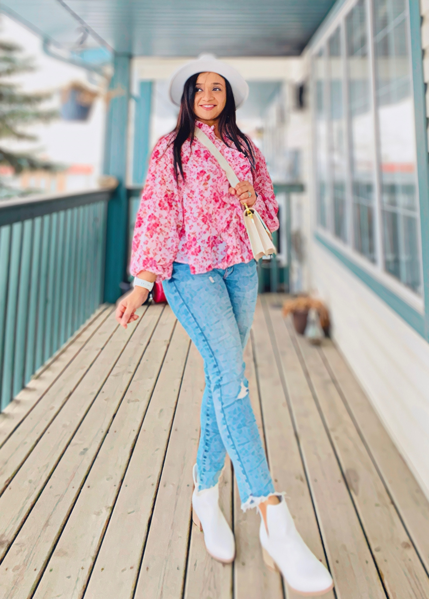 A pretty spring look
Floral top, white fedora hat, distressed hat, crossbody bag, white boots

#LTKSeasonal #LTKstyletip #LTKFestival