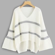 Flounce Sleeve Striped Dip Hem Sweater | SHEIN