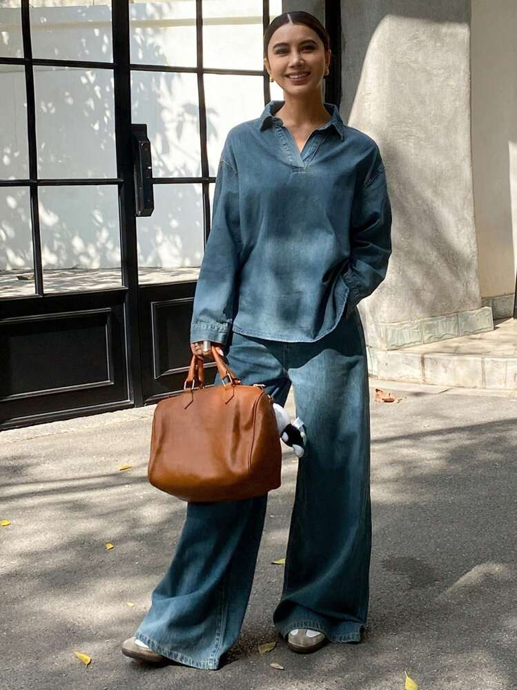 Livesso Women's Denim Drop Shoulder Long Sleeve Shirt And Pants Set,Fall Clothes | SHEIN